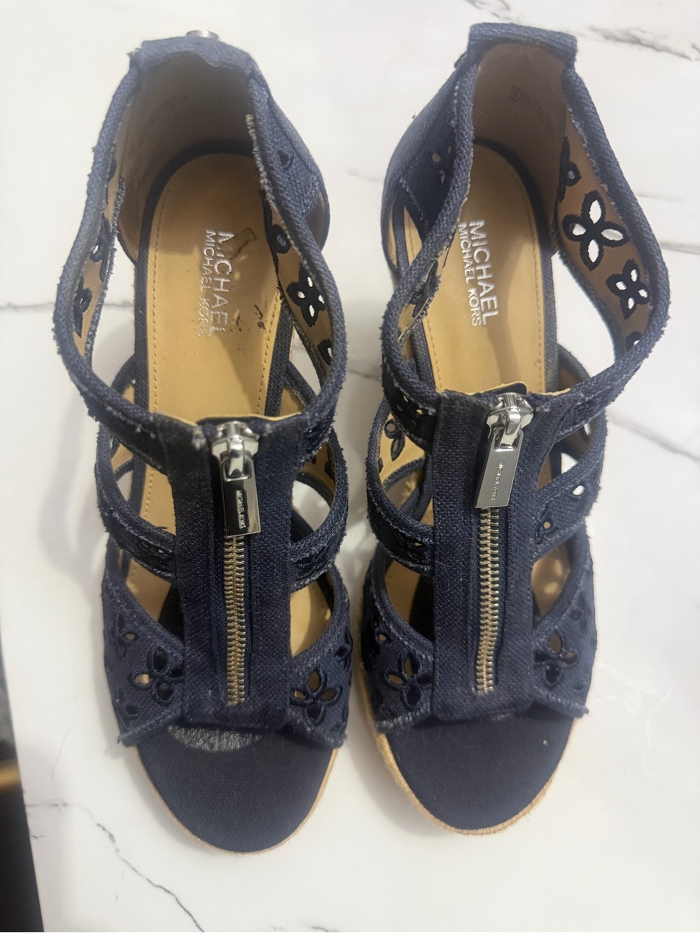 Michael Kors Navy Floral Cutout Front-Zip Wedge Sandals